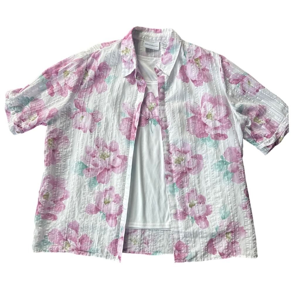 Alfred Dunner Floral Two Piece Shirt Tank Set Womens 18 Pink White Excellent